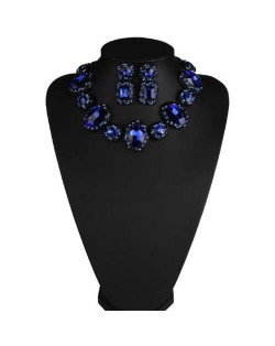 Luxurious High Fashion Rhinestone Bold Style Short Costume Necklace and Earrings Set - Blue
