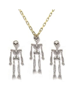 Rhinstone Inlaid Skeleton Pendant Halloween Punk Fashion Costume Alloy Necklace and Earrings Set - White