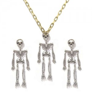 Rhinstone Inlaid Skeleton Pendant Halloween Punk Fashion Costume Alloy Necklace and Earrings Set - White