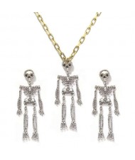 Rhinstone Inlaid Skeleton Pendant Halloween Punk Fashion Costume Alloy Necklace and Earrings Set - White