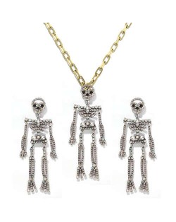 Rhinstone Inlaid Skeleton Pendant Halloween Punk Fashion Costume Alloy Necklace and Earrings Set - Luminous Colorful