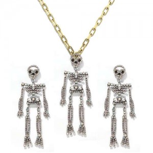 Rhinstone Inlaid Skeleton Pendant Halloween Punk Fashion Costume Alloy Necklace and Earrings Set - Luminous Colorful