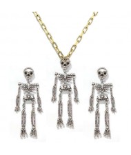 Rhinstone Inlaid Skeleton Pendant Halloween Punk Fashion Costume Alloy Necklace and Earrings Set - Luminous Colorful