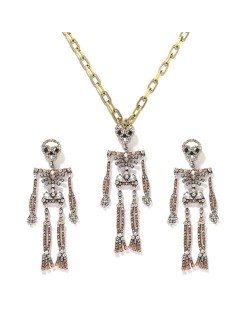 Rhinstone Inlaid Skeleton Pendant Halloween Punk Fashion Costume Alloy Necklace and Earrings Set - Champagne