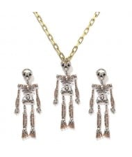 Rhinstone Inlaid Skeleton Pendant Halloween Punk Fashion Costume Alloy Necklace and Earrings Set - Champagne