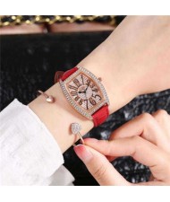 6 Colors Available Rhinestone Embellished Cute Arabic Numerals Design Shining Index High Fashion Women Leather Wrist Watch