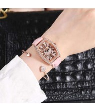 6 Colors Available Rhinestone Embellished Cute Arabic Numerals Design Shining Index High Fashion Women Leather Wrist Watch