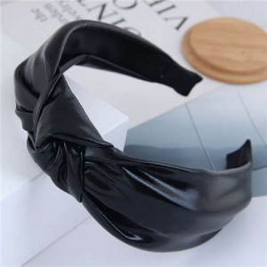 Shining Fashion PU Texture Bowknot Design Women Hair Hoop - Black
