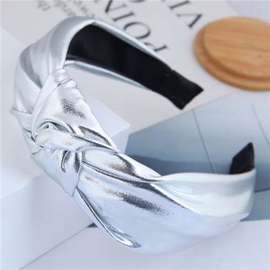 Shining Fashion PU Texture Bowknot Design Women Hair Hoop - Silver