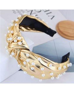 Pearl Embellished High Fashion Shining Leather Texture Design Women Headband - Golden