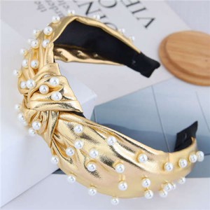 Pearl Embellished High Fashion Shining Leather Texture Design Women Headband - Golden
