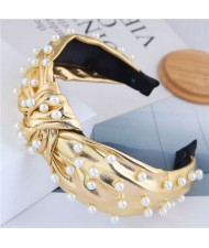 Pearl Embellished High Fashion Shining Leather Texture Design Women Headband - Golden