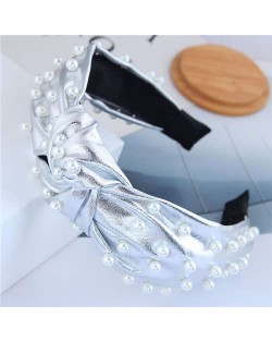 Pearl Embellished High Fashion Shining Leather Texture Design Women Headband - Silver