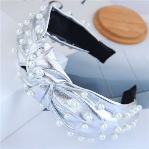 Pearl Embellished High Fashion Shining Leather Texture Design Women Headband - Silver