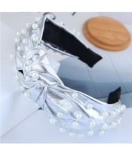 Pearl Embellished High Fashion Shining Leather Texture Design Women Headband - Silver