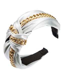 Golden Chain Attached Bowknot Design PU Texture Women Headband - White