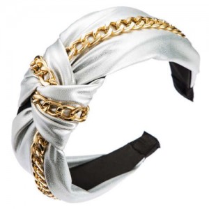 Golden Chain Attached Bowknot Design PU Texture Women Headband - White