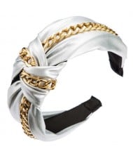 Golden Chain Attached Bowknot Design PU Texture Women Headband - White