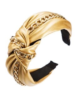 Golden Chain Attached Bowknot Design PU Texture Women Headband - Yellow