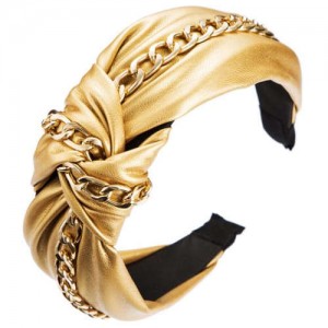 Golden Chain Attached Bowknot Design PU Texture Women Headband - Yellow