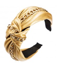 Golden Chain Attached Bowknot Design PU Texture Women Headband - Yellow