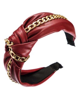 Golden Chain Attached Bowknot Design PU Texture Women Headband - Red