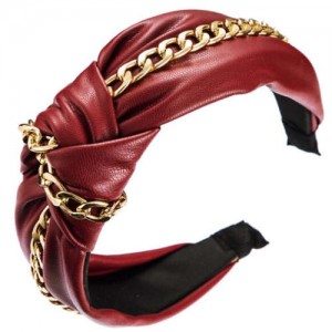 Golden Chain Attached Bowknot Design PU Texture Women Headband - Red