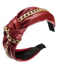 Golden Chain Attached Bowknot Design PU Texture Women Headband - Red