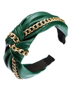 Golden Chain Attached Bowknot Design PU Texture Women Headband - Green