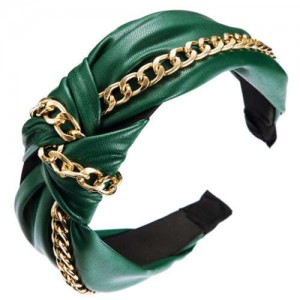 Golden Chain Attached Bowknot Design PU Texture Women Headband - Green