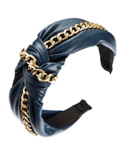 Golden Chain Attached Bowknot Design PU Texture Women Headband - Blue