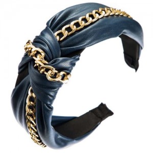 Golden Chain Attached Bowknot Design PU Texture Women Headband - Blue