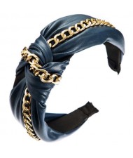 Golden Chain Attached Bowknot Design PU Texture Women Headband - Blue
