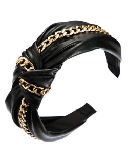 Golden Chain Attached Bowknot Design PU Texture Women Headband - Black