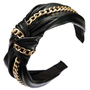 Golden Chain Attached Bowknot Design PU Texture Women Headband - Black