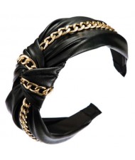 Golden Chain Attached Bowknot Design PU Texture Women Headband - Black