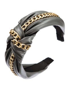 Golden Chain Attached Bowknot Design PU Texture Women Headband - Gray