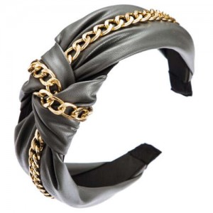 Golden Chain Attached Bowknot Design PU Texture Women Headband - Gray