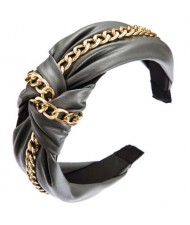 Golden Chain Attached Bowknot Design PU Texture Women Headband - Gray
