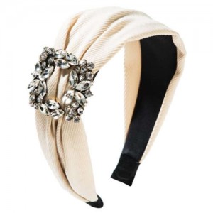 Rhinestone Square Buckle Decorated Korean Fashion Cloth Women Headband - Creamy White