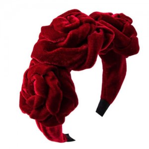 Large Flowers Velvet Texure Internet Celebrities Fashion Women Headband - Red