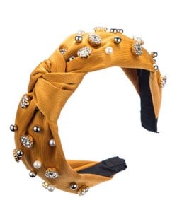 Internet Celebrity Fashion Rhinestone and Pearl Embellished Bowknot Cloth Women Headband - Yellow