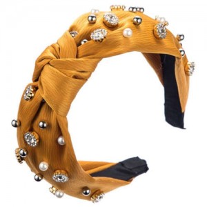 Internet Celebrity Fashion Rhinestone and Pearl Embellished Bowknot Cloth Women Headband - Yellow