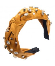 Internet Celebrity Fashion Rhinestone and Pearl Embellished Bowknot Cloth Women Headband - Yellow