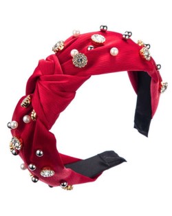 Internet Celebrity Fashion Rhinestone and Pearl Embellished Bowknot Cloth Women Headband - Red