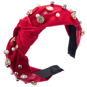 Internet Celebrity Fashion Rhinestone and Pearl Embellished Bowknot Cloth Women Headband - Red
