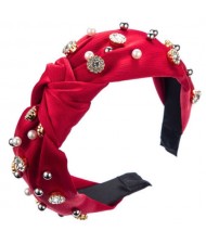 Internet Celebrity Fashion Rhinestone and Pearl Embellished Bowknot Cloth Women Headband - Red