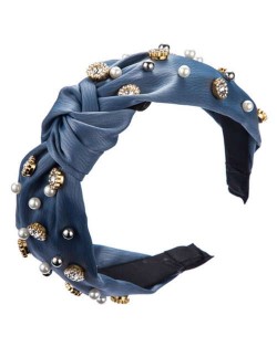 Internet Celebrity Fashion Rhinestone and Pearl Embellished Bowknot Cloth Women Headband - Blue