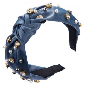 Internet Celebrity Fashion Rhinestone and Pearl Embellished Bowknot Cloth Women Headband - Blue