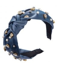 Internet Celebrity Fashion Rhinestone and Pearl Embellished Bowknot Cloth Women Headband - Blue